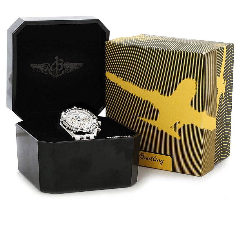 The Breitling Windrider A44355 Men
s Stainless Steel White Dial A44355 Men
s Stainless Steel White Dial watch is displayed inside its black box with the branded packaging behind it.