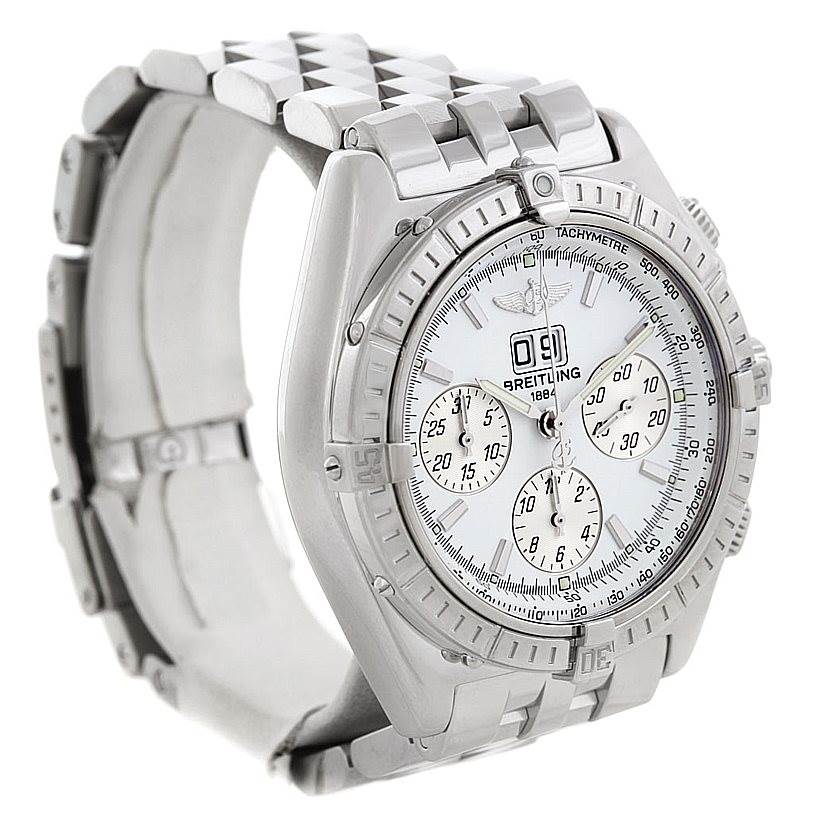 The Breitling Windrider A44355 Men
s Stainless Steel White Dial A44355 Men
s Stainless Steel White Dial watch is shown at an angle highlighting its face, bezel, subdials, and bracelet.