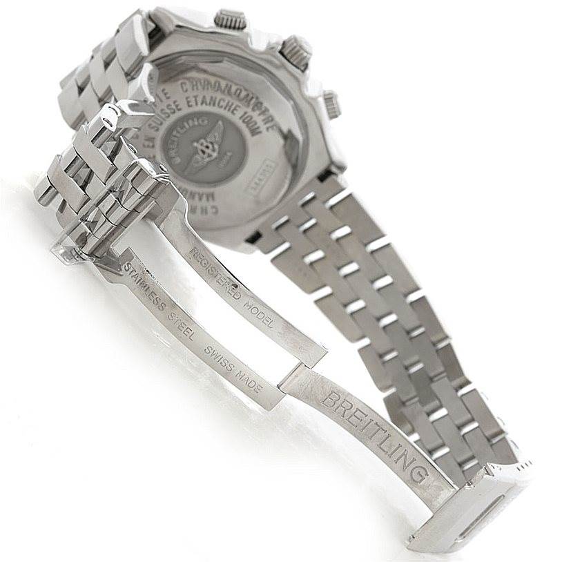 The image shows the back and band of a Breitling Windrider A44355 Men
s Stainless Steel White Dial A44355 Men
s Stainless Steel White Dial watch, highlighting the clasp and stainless steel bracelet.