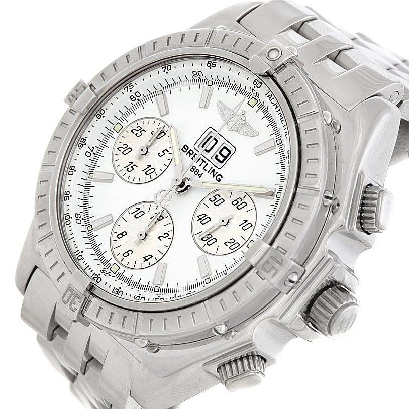 This image shows a close-up angle of the Breitling Windrider A44355 Men
s Stainless Steel White Dial A44355 Men
s Stainless Steel White Dial watch, displaying its dial, chronograph subdials, date window, and bezel.