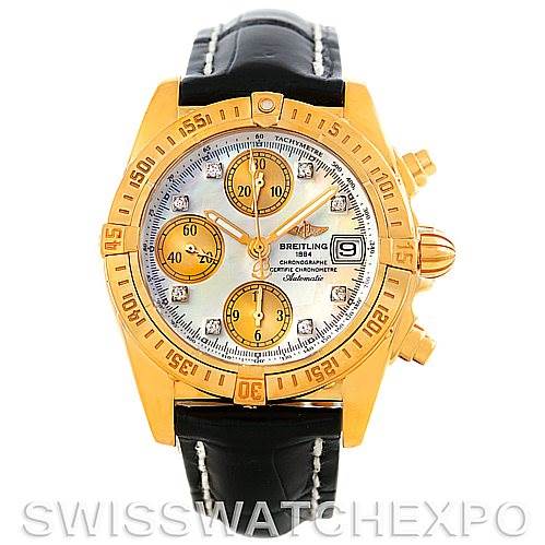 The image shows a front view of a Breitling Windrider K13358 Men's Yellow Gold Mother of Pearl Dial K13358 Men's Yellow Gold Mother of Pearl Dial watch with a gold bezel, black leather strap, and chronograph dials.