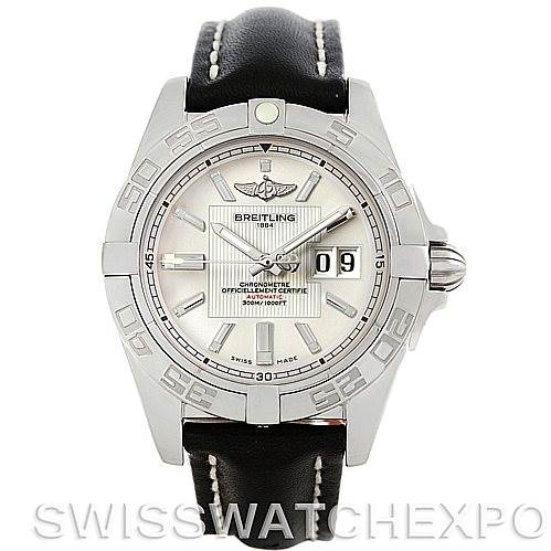 This image shows a Breitling Windrider A49350 Men's Stainless Steel White Dial A49350 Men's Stainless Steel White Dial watch from a frontal angle, highlighting its face, bezel, dial, and part of the leather strap.