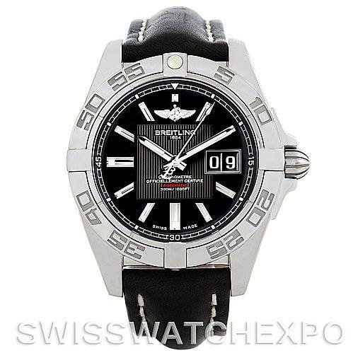 This image shows a front view of the Breitling Windrider A49350 Men's Stainless Steel Black Dial A49350 Men's Stainless Steel Black Dial watch, displaying its face, bezel, crown, and leather strap.