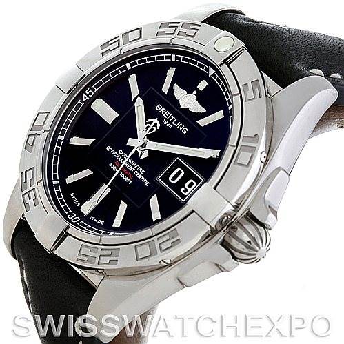 This image shows a Breitling Windrider A49350 Men's Stainless Steel Black Dial A49350 Men's Stainless Steel Black Dial watch from an angled view, highlighting the face, case, bezel, and part of the leather strap.