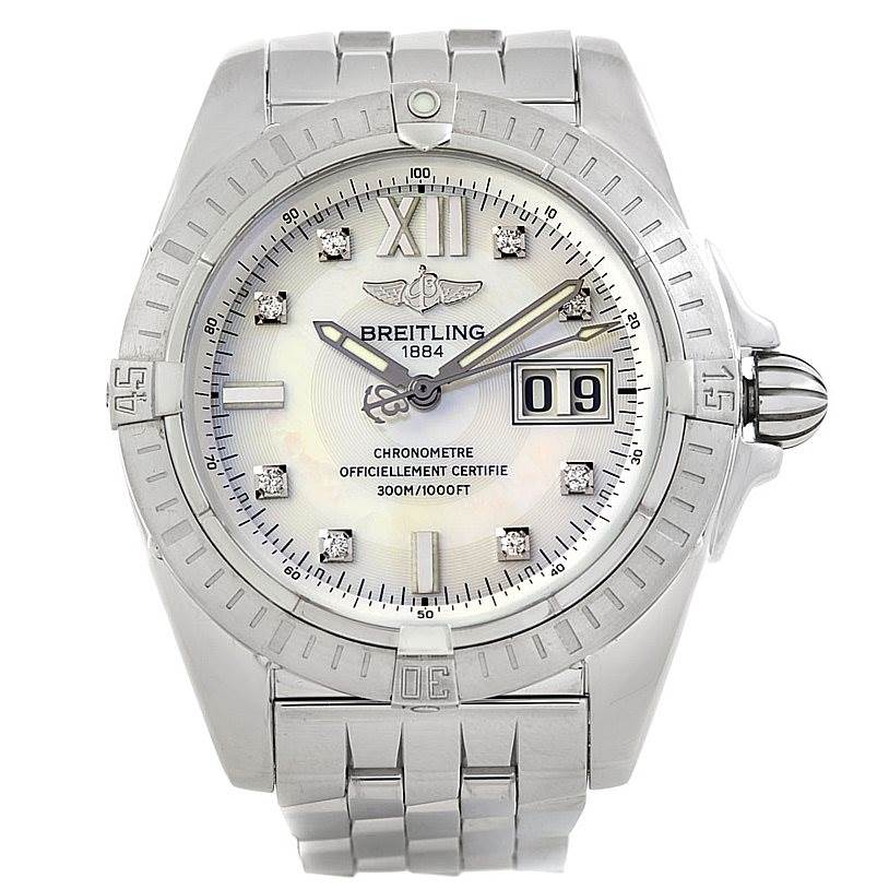 The image shows the front view of a Breitling Windrider A49350 Men's Stainless Steel Mother of Pearl Dial A49350 Men's Stainless Steel Mother of Pearl Dial model watch, including the face, bezel, and bracelet.