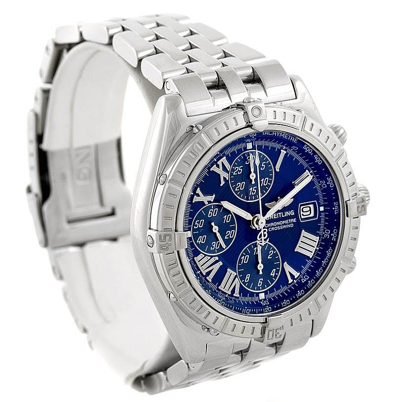 The image shows a Breitling Windrider A13355 Men's Stainless Steel Blue Dial A13355 Men's Stainless Steel Blue Dial model watch at a slight angle, highlighting its blue dial, chronograph subdials, and metal bracelet.
