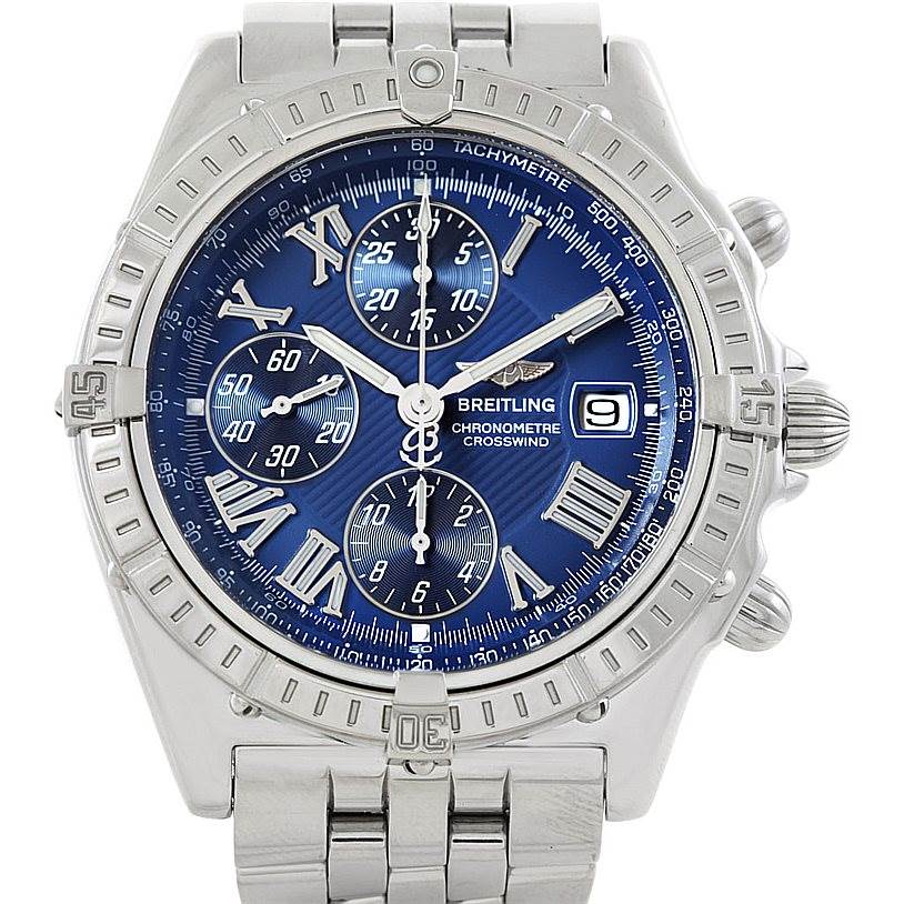 This image shows a frontal view of the Breitling Windrider A13355 Men's Stainless Steel Blue Dial A13355 Men's Stainless Steel Blue Dial watch, displaying its blue dial, chronograph subdials, and metal bracelet.