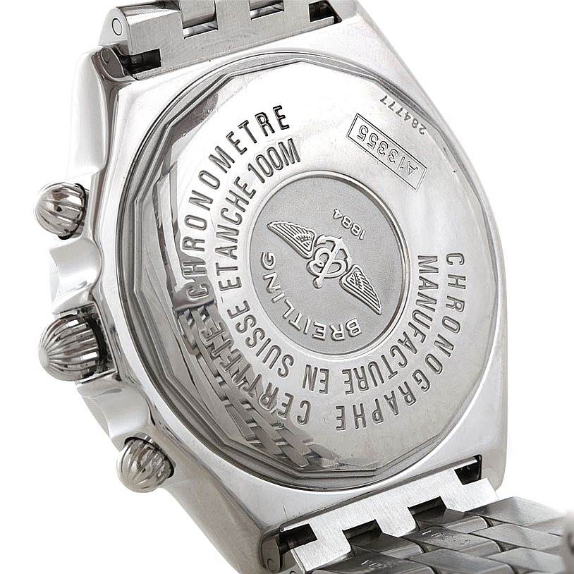 The image shows the back case and pushers of a Breitling Windrider A13355 Men's Stainless Steel Blue Dial A13355 Men's Stainless Steel Blue Dial watch from an angled perspective.