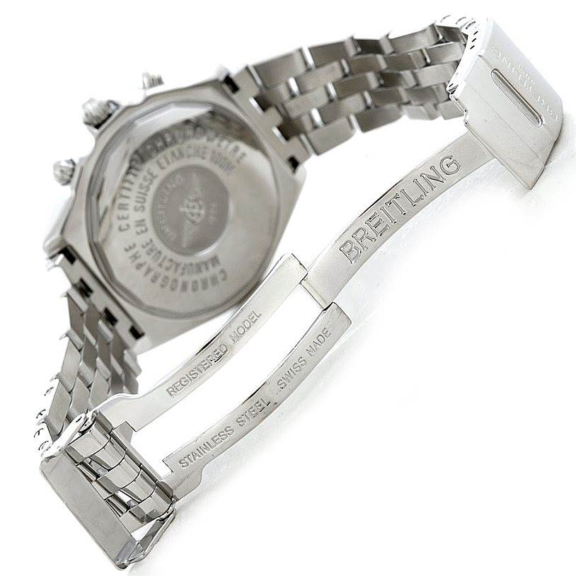 The image shows the back case and partially open stainless steel bracelet of a Breitling Windrider A13355 Men's Stainless Steel Blue Dial A13355 Men's Stainless Steel Blue Dial model watch.