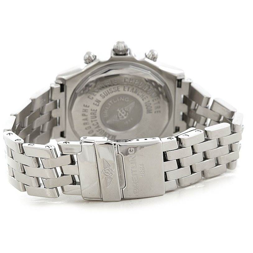 The image shows the back view of a Breitling Windrider A13355 Men's Stainless Steel Blue Dial A13355 Men's Stainless Steel Blue Dial watch, highlighting the clasp and bracelet.