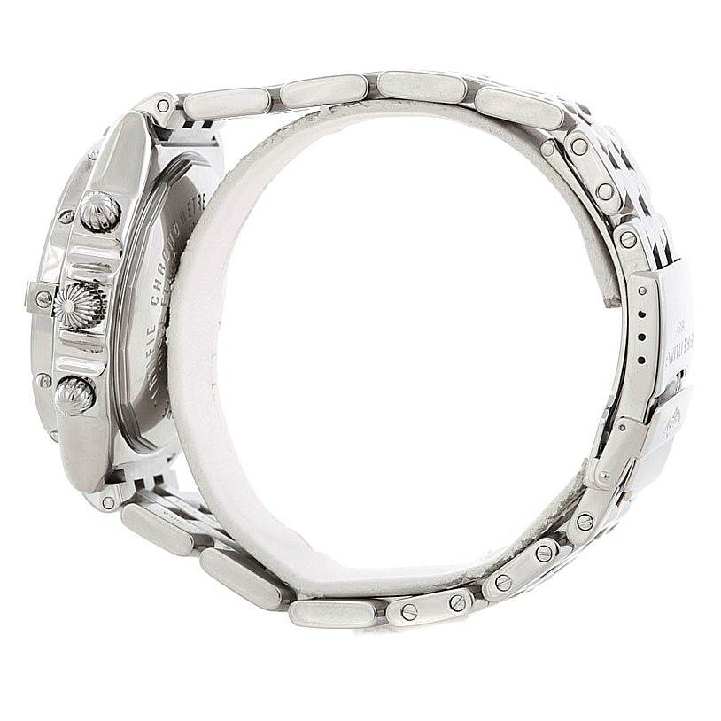 This image shows the side view of the Breitling Windrider A13355 Men's Stainless Steel Blue Dial A13355 Men's Stainless Steel Blue Dial model watch, highlighting its case, crown, chronograph pushers, and metal bracelet.