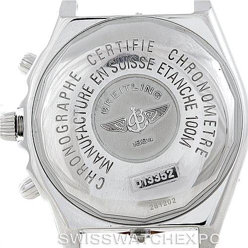 The image shows the back case of a Breitling Windrider D13352 Men's Stainless Steel Mother of Pearl Dial D13352 Men's Stainless Steel Mother of Pearl Dial watch, displaying certification details and branding.