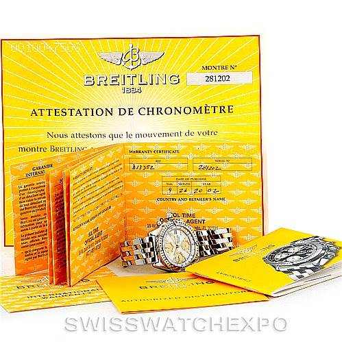 The image shows a Breitling Windrider D13352 Men's Stainless Steel Mother of Pearl Dial D13352 Men's Stainless Steel Mother of Pearl Dial watch along with its documents and certificates, including the warranty certificate and other papers.