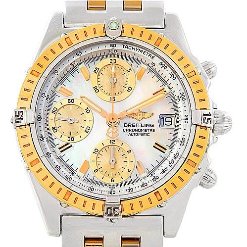 The image shows a frontal view of a Breitling Windrider D13352 Men's Stainless Steel Mother of Pearl Dial D13352 Men's Stainless Steel Mother of Pearl Dial watch, highlighting its face, bezel, dials, and stainless steel bracelet.