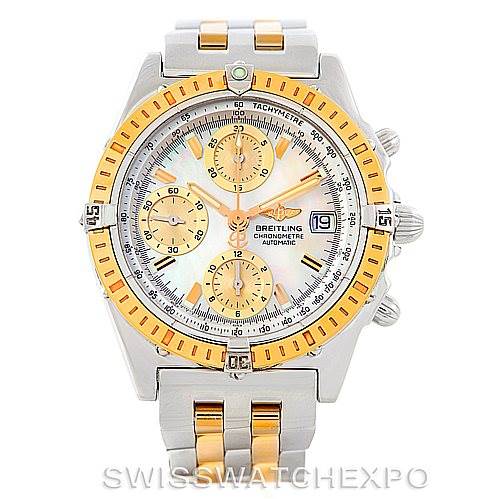 The image shows the front view of a Breitling Windrider D13352 Men's Stainless Steel Mother of Pearl Dial D13352 Men's Stainless Steel Mother of Pearl Dial model watch, highlighting its face, bezel, and bracelet.