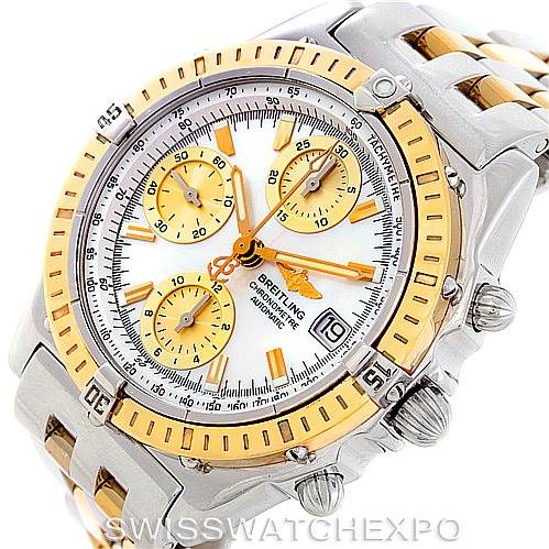 The image shows a close-up of a Breitling Windrider D13352 Men's Stainless Steel Mother of Pearl Dial D13352 Men's Stainless Steel Mother of Pearl Dial watch displaying its face, bezel, and part of the bracelet.