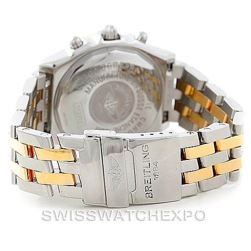 This image shows the back side of a Breitling Windrider D13352 Men's Stainless Steel Mother of Pearl Dial D13352 Men's Stainless Steel Mother of Pearl Dial watch, focusing on the stainless steel and gold two-tone bracelet and clasp.