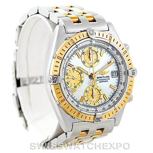 This image shows a frontal view of a Breitling Windrider D13352 Men's Stainless Steel Mother of Pearl Dial D13352 Men's Stainless Steel Mother of Pearl Dial watch, displaying its dial, bezel, and bracelet.
