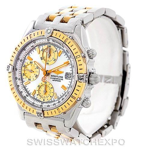 The Breitling Windrider D13352 Men's Stainless Steel Mother of Pearl Dial D13352 Men's Stainless Steel Mother of Pearl Dial watch is shown at a three-quarter angle, displaying the face, bezel, crown, pushers, and part of the bracelet.
