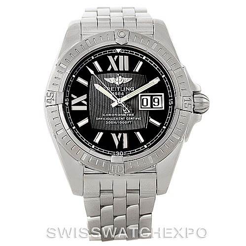 This image shows the front view of the Breitling Windrider A49350 Men's Stainless Steel Black Dial A49350 Men's Stainless Steel Black Dial watch, highlighting its face, bezel, dial, and bracelet.