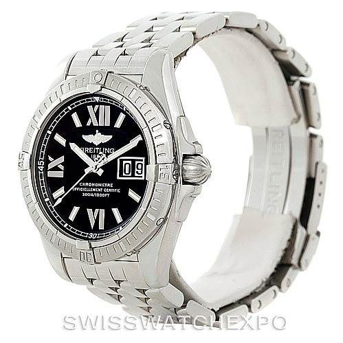 The image shows a Breitling Windrider A49350 Men's Stainless Steel Black Dial A49350 Men's Stainless Steel Black Dial watch from an angled front view, displaying its face, bezel, crown, and metal bracelet.