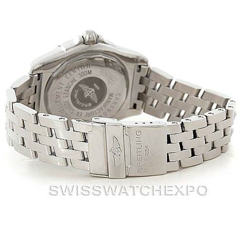 The image shows the back view of a Breitling Windrider A49350 Men's Stainless Steel Black Dial A49350 Men's Stainless Steel Black Dial watch, highlighting the bracelet, clasp, and case back.