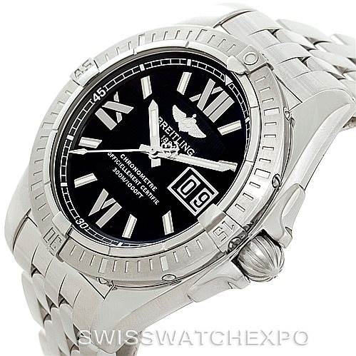 The Breitling Windrider A49350 Men's Stainless Steel Black Dial A49350 Men's Stainless Steel Black Dial watch is shown at a slight angle, displaying its stainless steel case, black dial, and metal bracelet.