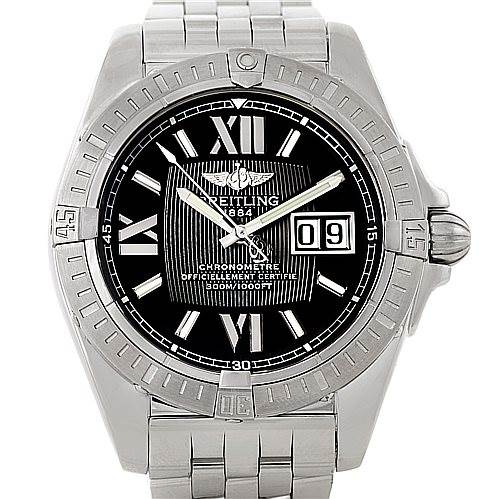 The image shows a front view of a Breitling Windrider A49350 Men's Stainless Steel Black Dial A49350 Men's Stainless Steel Black Dial watch with a stainless steel bracelet and a black dial with Roman numerals.