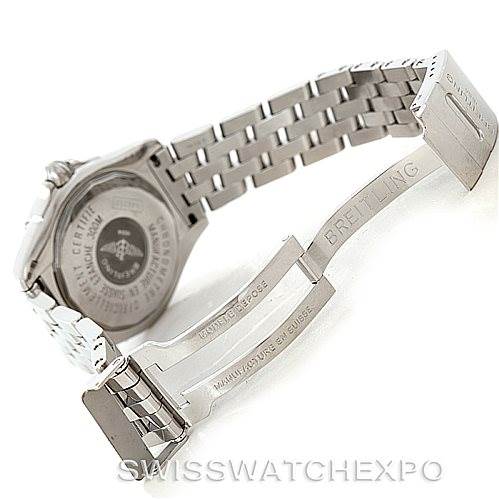 The image shows the open clasp and partial back view of the Breitling Windrider A49350 Men's Stainless Steel Black Dial A49350 Men's Stainless Steel Black Dial watch, highlighting the brand's engraved name.