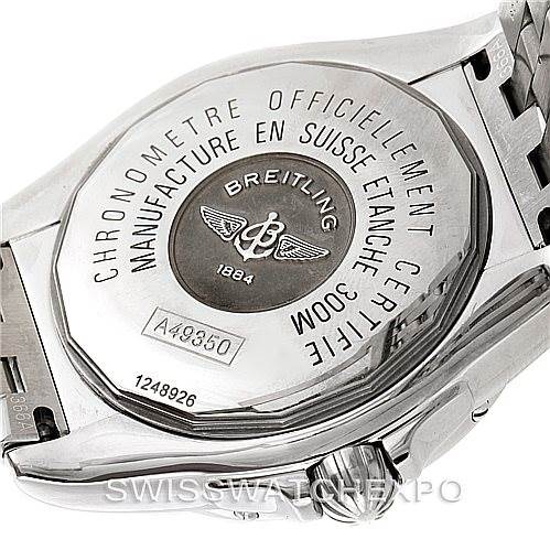 This image shows the back case of a Breitling Windrider A49350 Men's Stainless Steel Black Dial A49350 Men's Stainless Steel Black Dial watch, highlighting its certification and water resistance.