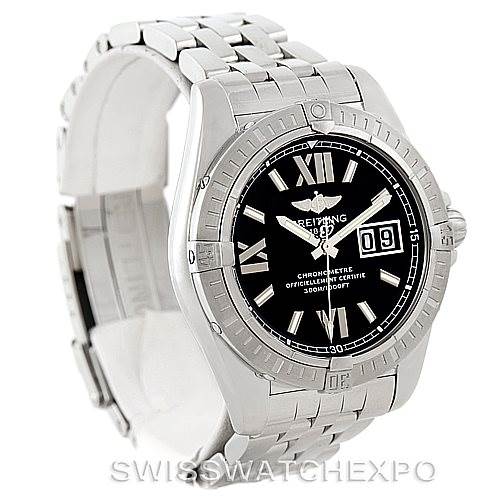 The Breitling Windrider A49350 Men's Stainless Steel Black Dial A49350 Men's Stainless Steel Black Dial watch is shown from an angled front view, displaying its face, bezel, crown, and bracelet.