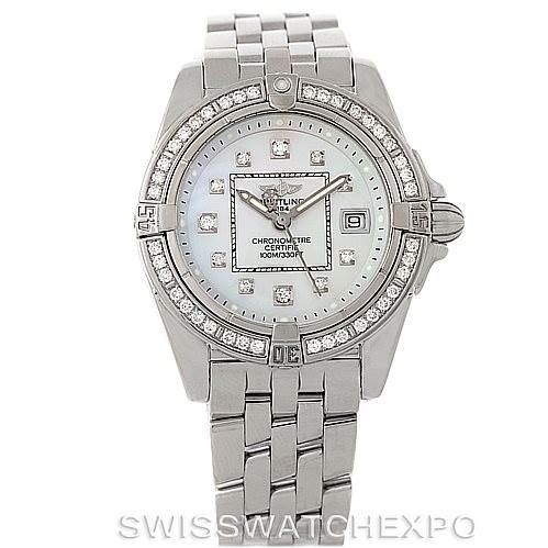 The image displays a front view of a Breitling Windrider A49350 Men's Stainless Steel Mother of Pearl Dial A49350 Men's Stainless Steel Mother of Pearl Dial watch, clearly showing its face, bezel, and bracelet.