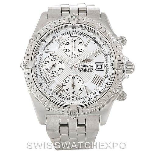 The image shows a front view of the Breitling Windrider A13355 Men's Stainless Steel White Dial A13355 Men's Stainless Steel White Dial watch, displaying the face, chronograph dials, and metal bracelet.
