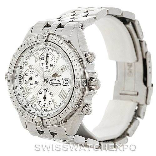 This image shows a Breitling Windrider A13355 Men's Stainless Steel White Dial A13355 Men's Stainless Steel White Dial watch from a three-quarter angle, displaying the face, bezel, crown, pushers, and metal bracelet.