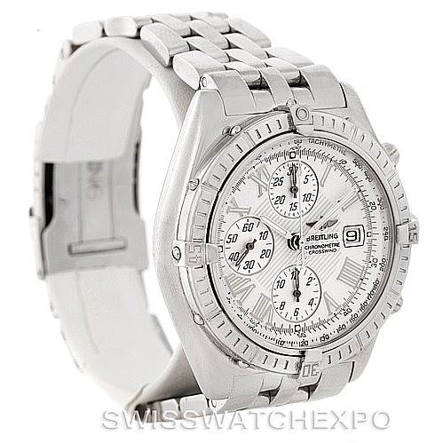 This image shows a side angle of a Breitling Windrider A13355 Men's Stainless Steel White Dial A13355 Men's Stainless Steel White Dial watch, featuring its bracelet, bezel, dial, and three subdials.