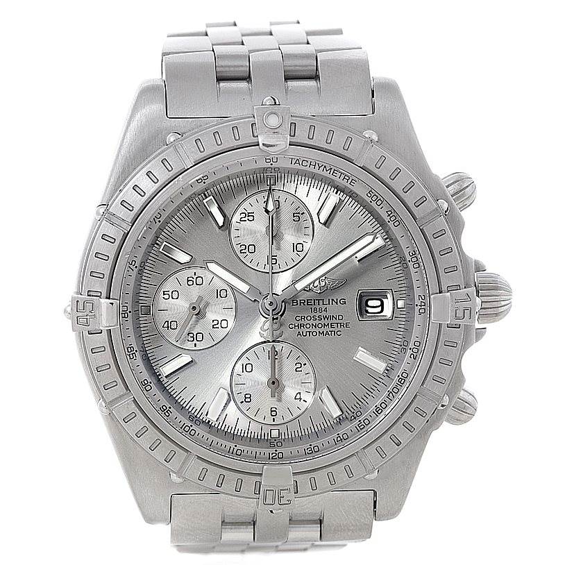The image shows a front view of the Breitling Windrider A13355 Men's Stainless Steel Silver Dial A13355 Men's Stainless Steel Silver Dial watch displaying the dial, bezel, and part of the bracelet.
