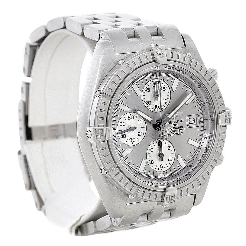 The image shows a Breitling Windrider A13355 Men's Stainless Steel Silver Dial A13355 Men's Stainless Steel Silver Dial watch at an angle highlighting the dial, bezel, and metal bracelet.