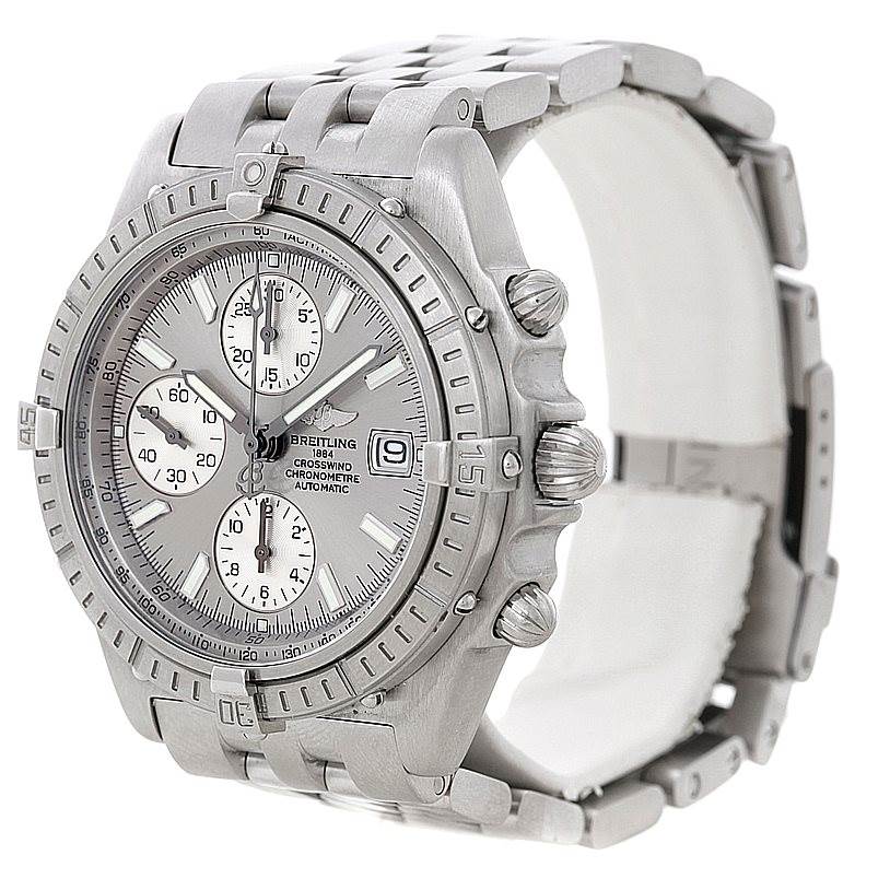 The Breitling Windrider A13355 Men's Stainless Steel Silver Dial A13355 Men's Stainless Steel Silver Dial watch is shown at an angle displaying its face, bezel, chronograph dials, and metal bracelet.