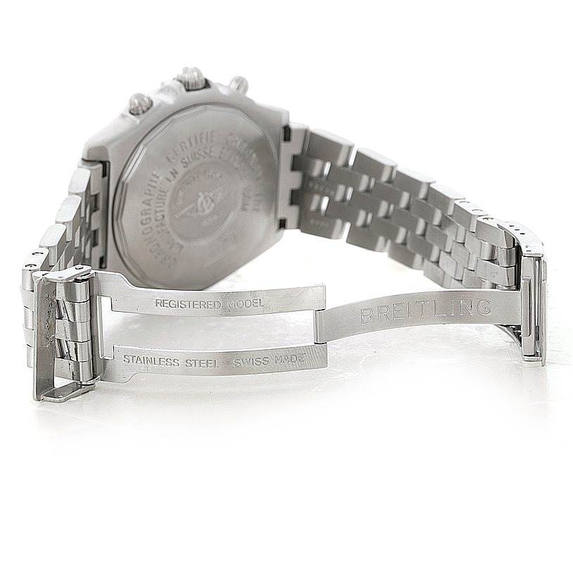 The image shows the open clasp and part of the underside of the Breitling Windrider A13355 Men's Stainless Steel Silver Dial A13355 Men's Stainless Steel Silver Dial watch, revealing brand engravings.