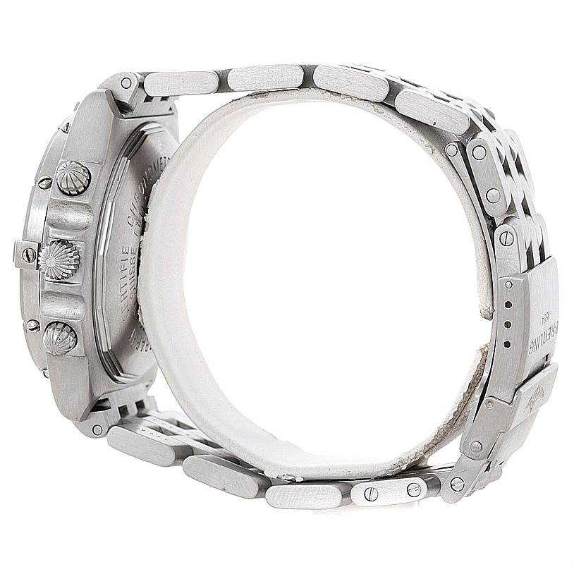 This image shows the side and back of a Breitling Windrider A13355 Men's Stainless Steel Silver Dial A13355 Men's Stainless Steel Silver Dial watch, highlighting the case, crown, and part of the metal bracelet.