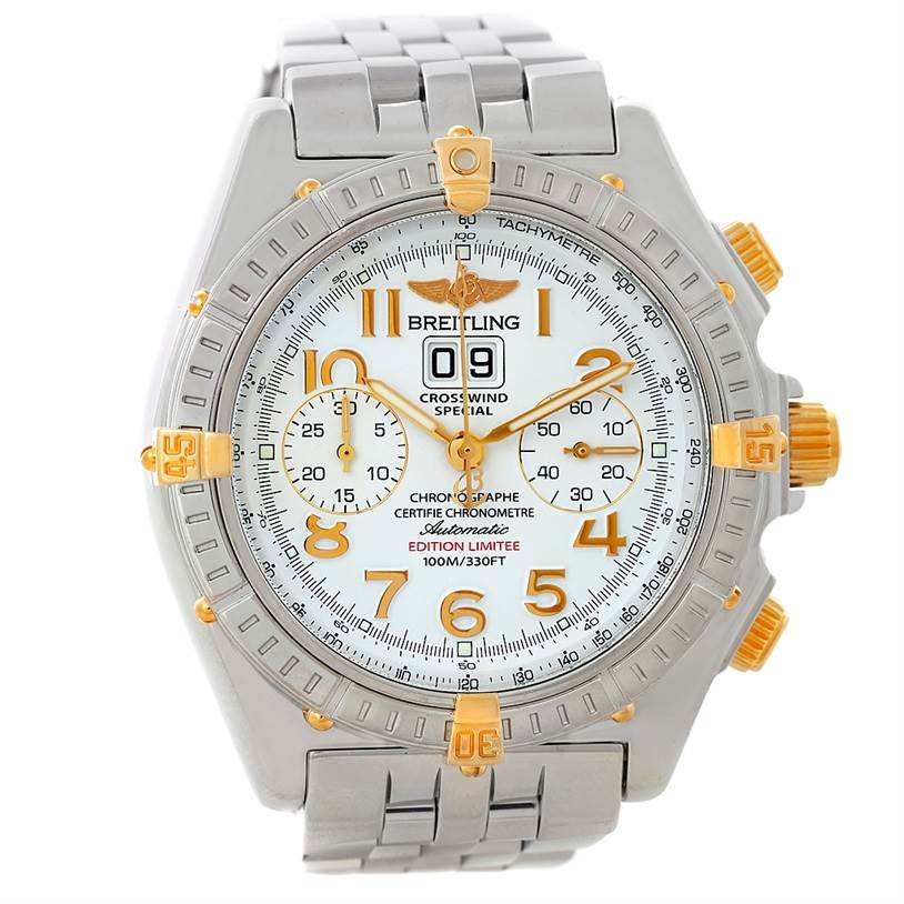 The image shows a frontal view of the Breitling Windrider B44356 Men's Steel and Gold (two tone) White Dial B44356 Men's Steel and Gold (two tone) White Dial Chronograph watch, highlighting its face, bezel, and bracelet.