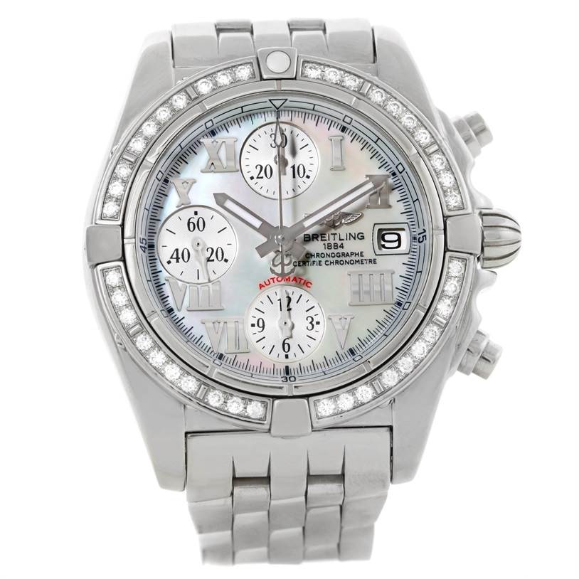 The image shows a front view of the Breitling Windrider A13358 Stainless Steel Mother of Pearl Dial A13358 Stainless Steel Mother of Pearl Dial watch, highlighting its face, bezel, and bracelet.