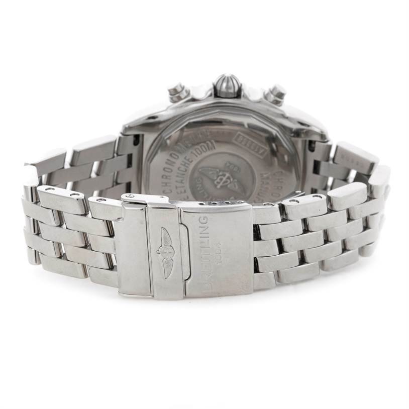 The image shows the back of the Breitling Windrider A13358 Stainless Steel Mother of Pearl Dial A13358 Stainless Steel Mother of Pearl Dial watch, including the case back and metal bracelet clasp.