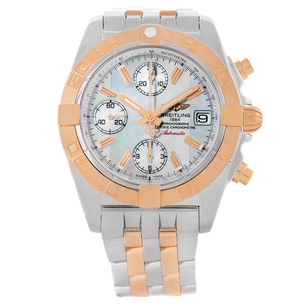 The image shows a front view of a Breitling Windrider C13358 Steel and Gold (two tone) Mother of Pearl Dial C13358 Steel and Gold (two tone) Mother of Pearl Dial watch, highlighting the dial, bezel, and bracelet.