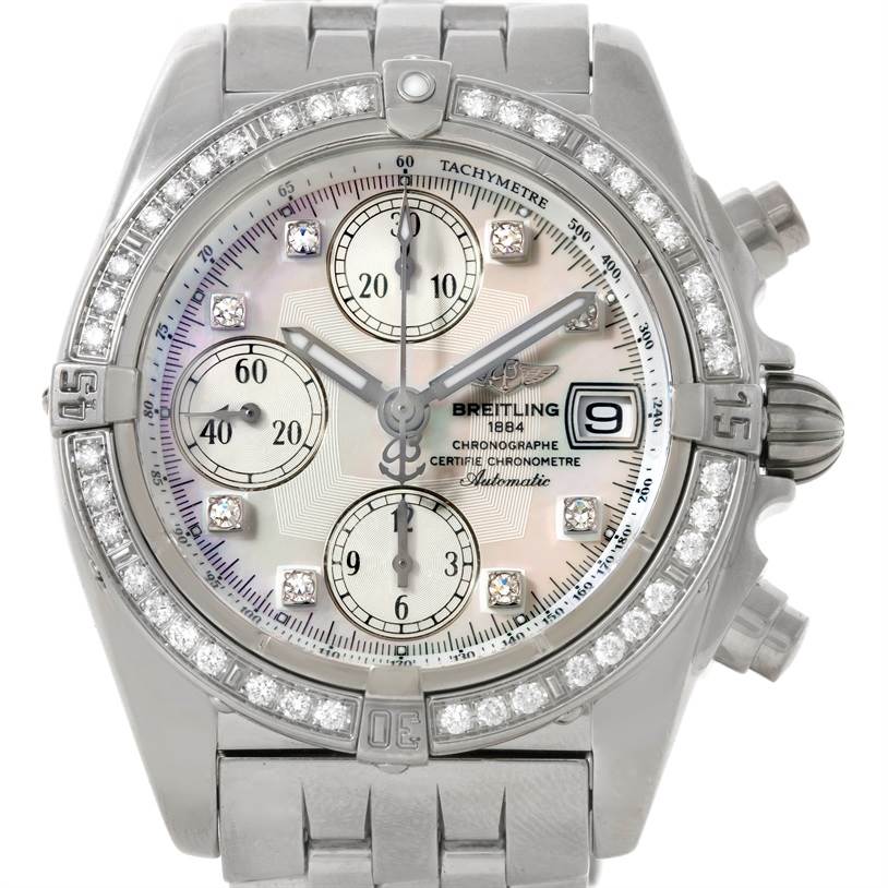 The image shows a frontal view of the Breitling Windrider A13358 Stainless Steel Mother of Pearl Dial A13358 Stainless Steel Mother of Pearl Dial watch, featuring the dial, tachymeter, bezel with diamonds, and part of the bracelet.
