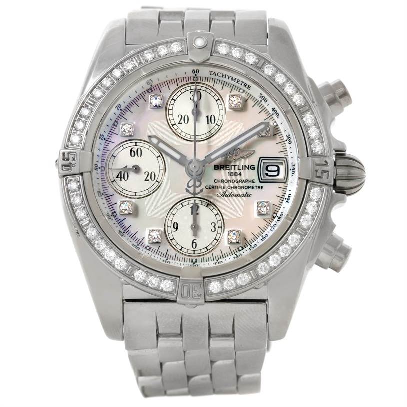 This image shows a front view of a Breitling Windrider A13358 Stainless Steel Mother of Pearl Dial A13358 Stainless Steel Mother of Pearl Dial watch, displaying its dial, bezel, and bracelet.