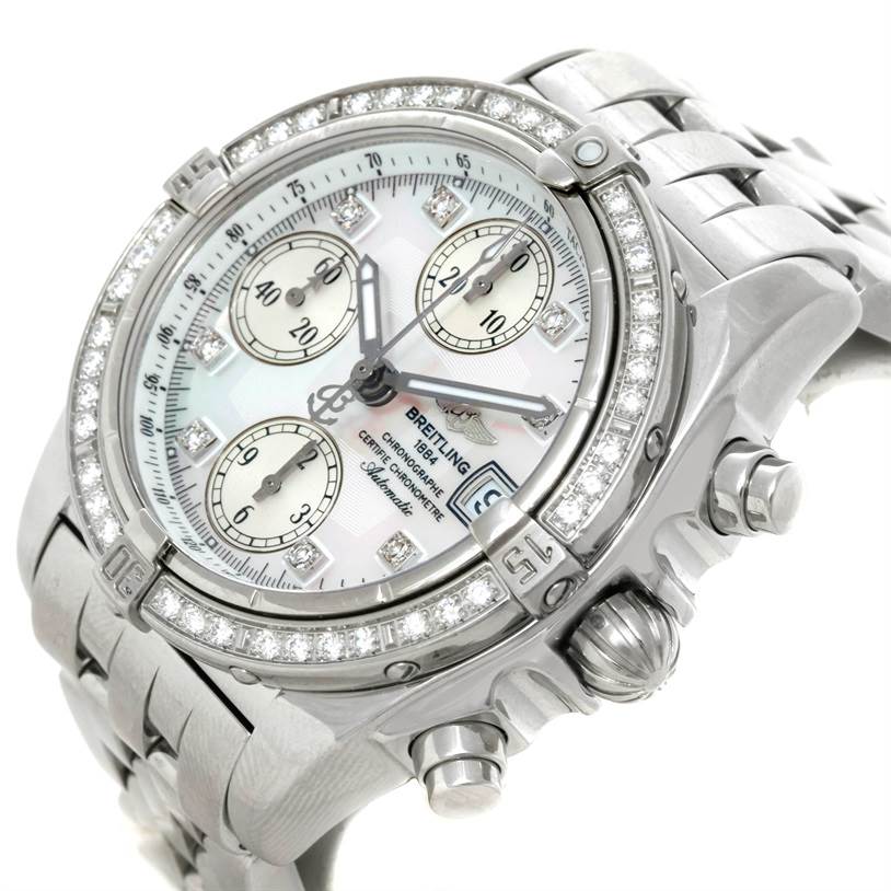 The image shows a close-up angle of a Breitling Windrider A13358 Stainless Steel Mother of Pearl Dial A13358 Stainless Steel Mother of Pearl Dial watch, highlighting its face, bezel, subdials, crown, and date window.