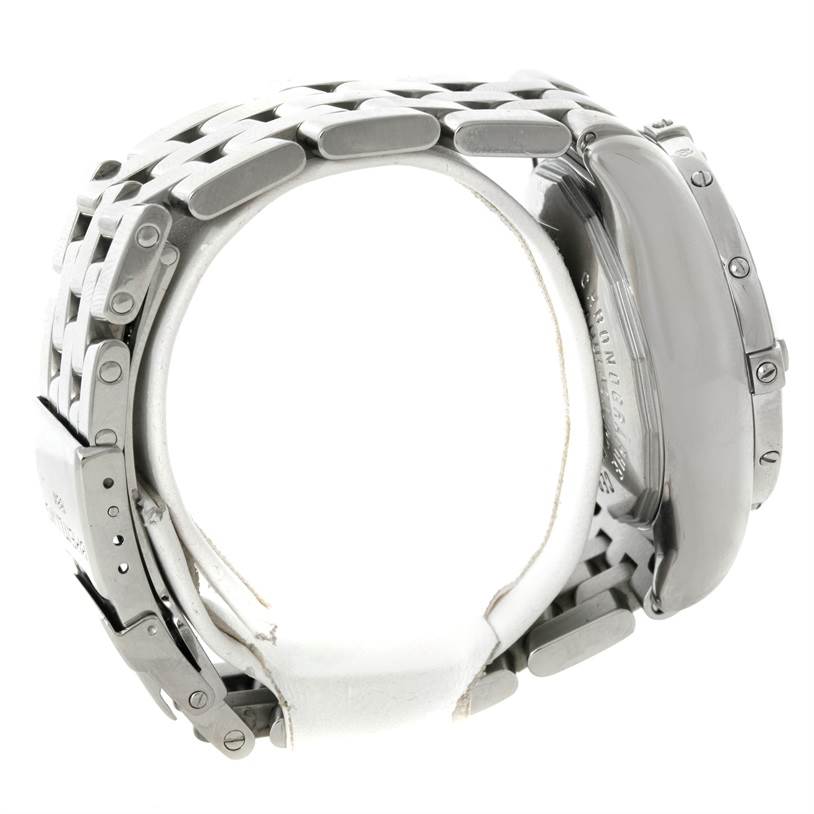 This image of the Breitling Windrider A13358 Stainless Steel Mother of Pearl Dial A13358 Stainless Steel Mother of Pearl Dial model watch shows a side angle, featuring the band and part of the case.