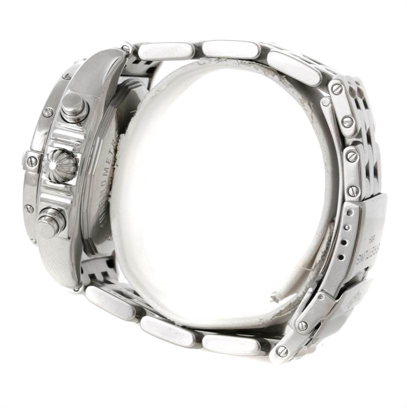 The image shows a side view of a Breitling Windrider A13358 Stainless Steel Mother of Pearl Dial A13358 Stainless Steel Mother of Pearl Dial watch, highlighting its crown, chronograph pushers, and metal bracelet.