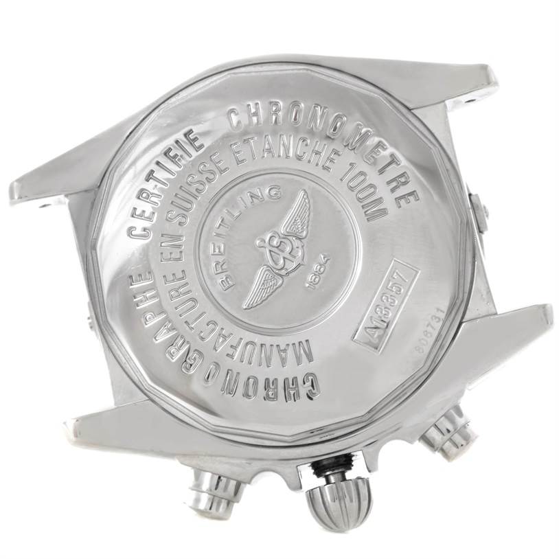 The image shows the back case and crown of a Breitling Windrider A13358 Stainless Steel Mother of Pearl Dial A13358 Stainless Steel Mother of Pearl Dial watch.